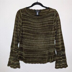 Norton Studio Womens Vintage Stripe 90s Green Goblincore Crochet Flare Sweater M